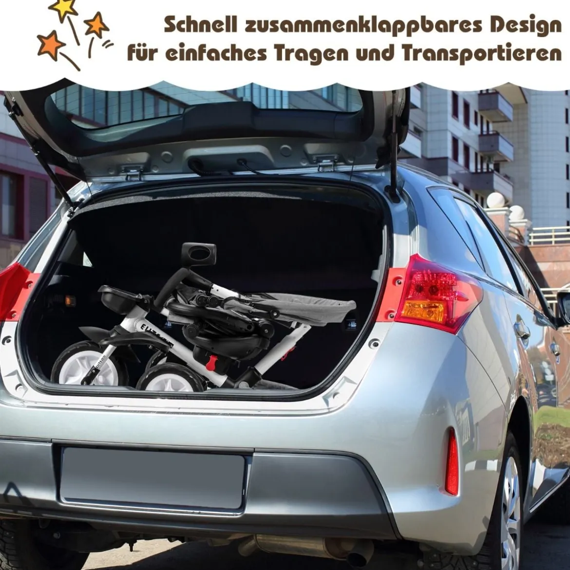 6-in-1 Kinderwagen mit Dach & Sicherheitsgurt für Kinder im Alter von 12 - 50 Monaten Grau
