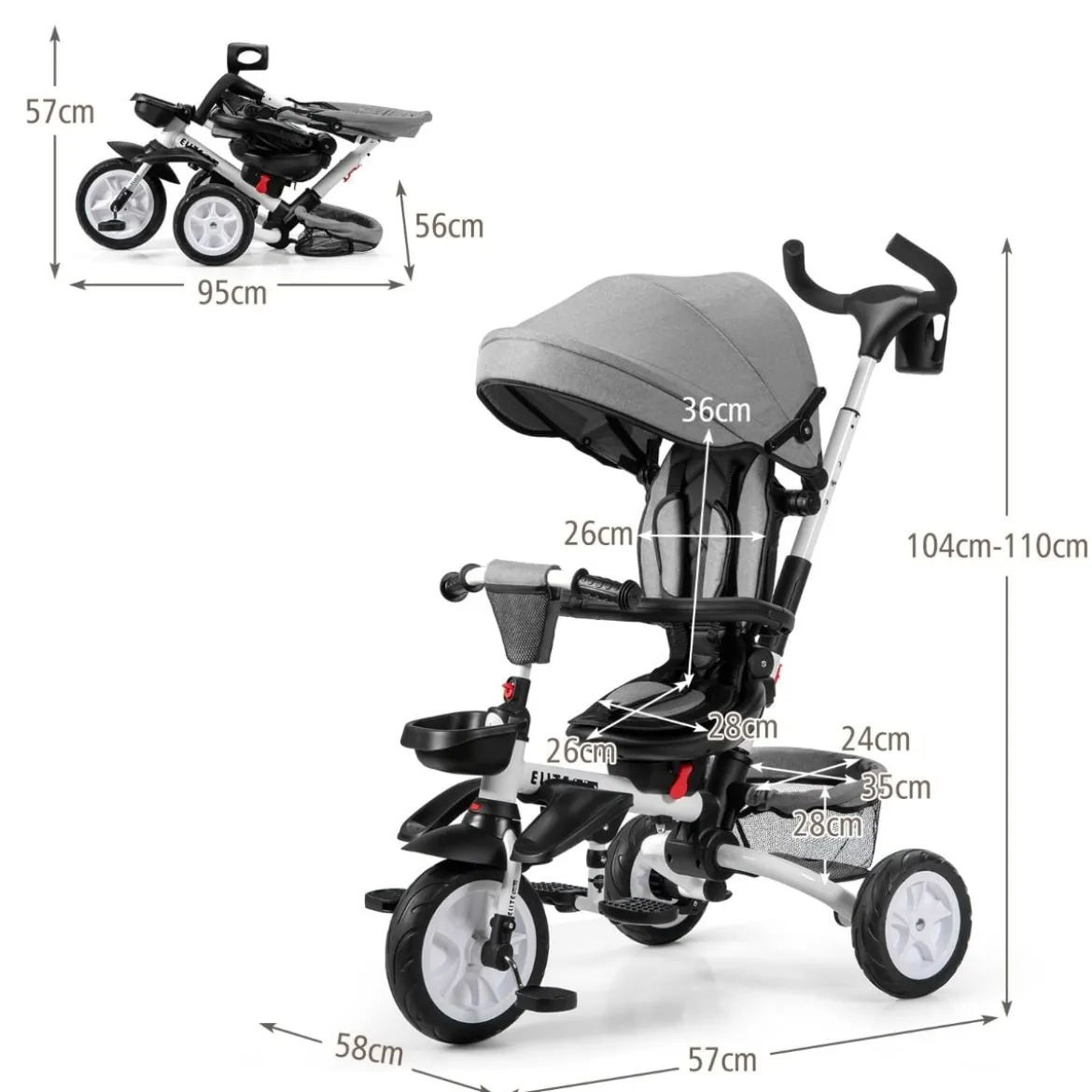 6-in-1 Kinderwagen mit Dach & Sicherheitsgurt für Kinder im Alter von 12 - 50 Monaten Grau