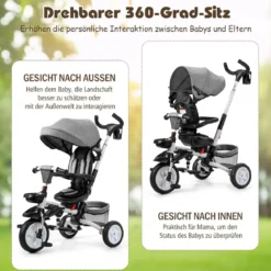 6-in-1 Kinderwagen mit Dach & Sicherheitsgurt für Kinder im Alter von 12 - 50 Monaten Grau