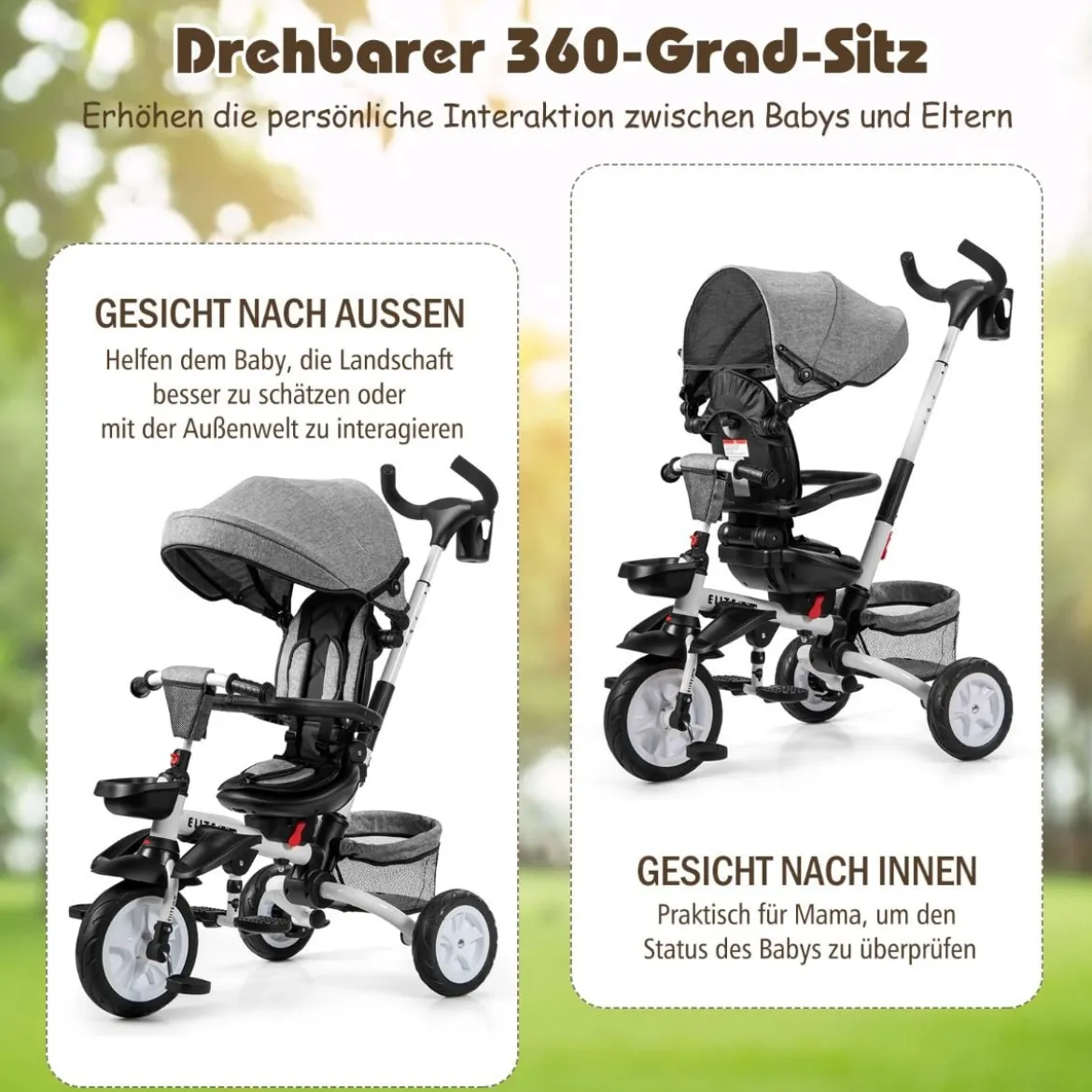 6-in-1 Kinderwagen mit Dach & Sicherheitsgurt für Kinder im Alter von 12 - 50 Monaten Grau