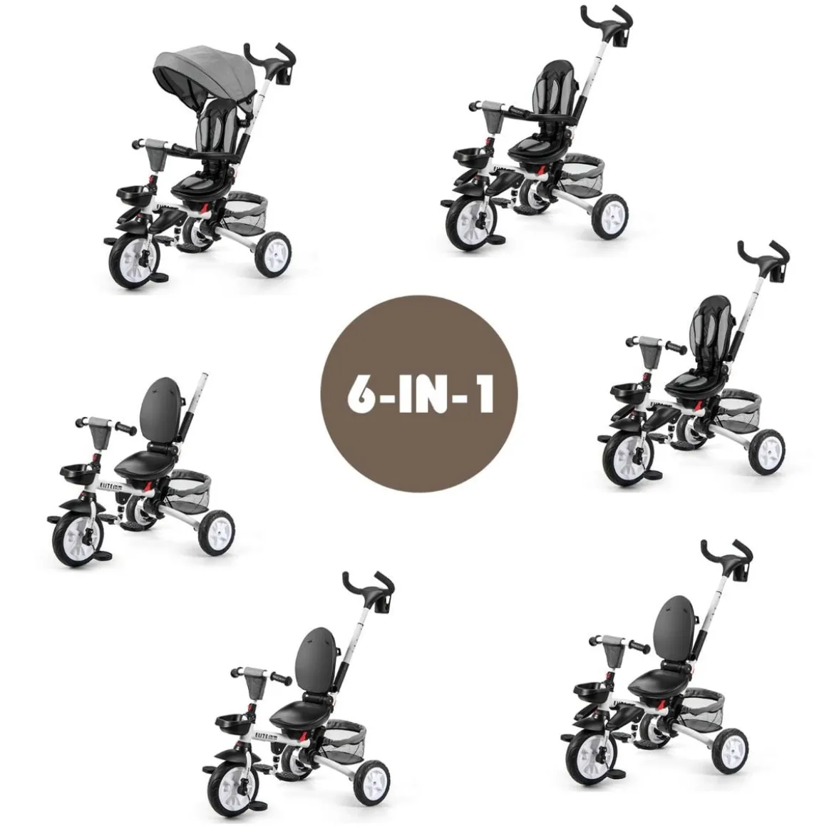 6-in-1 Kinderwagen mit Dach & Sicherheitsgurt für Kinder im Alter von 12 - 50 Monaten Grau