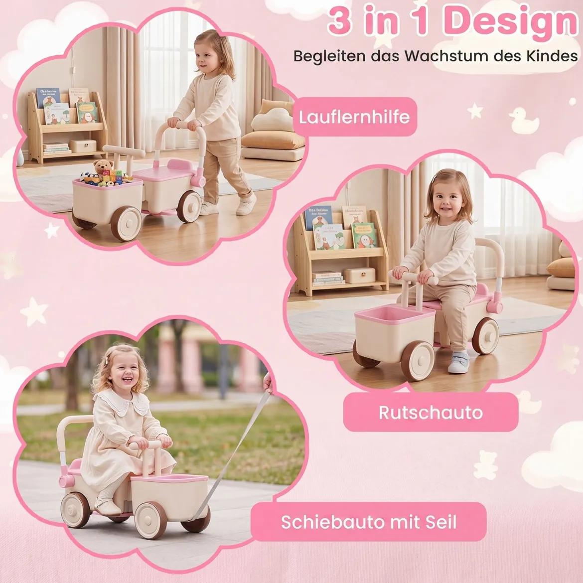 3 in 1 Kinderwagen mit Rollen Schiebe-Zieh-Lauflernwagen mit Stauraum & Klappbarem Griff