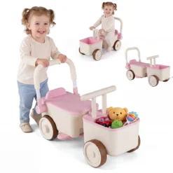 3 in 1 Kinderwagen mit Rollen Schiebe-Zieh-Lauflernwagen mit Stauraum & Klappbarem Griff