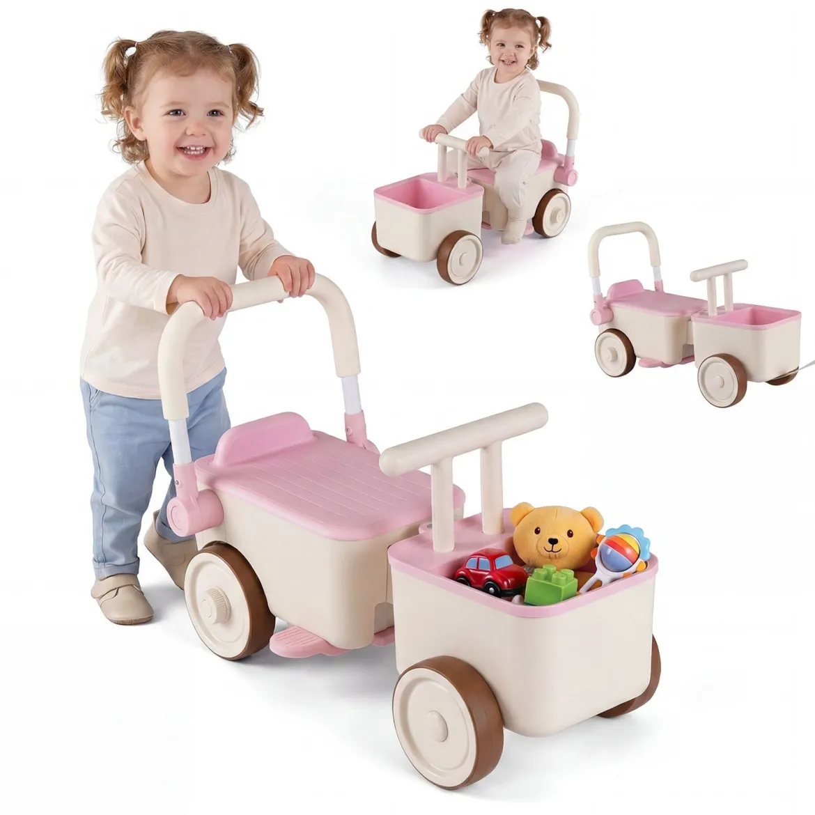3 in 1 Kinderwagen mit Rollen Schiebe-Zieh-Lauflernwagen mit Stauraum & Klappbarem Griff