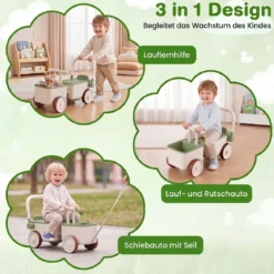 3 in 1 Kinderwagen mit Rollen Schiebe-Zieh-Lauflernwagen mit Stauraum & Klappbarem Griff