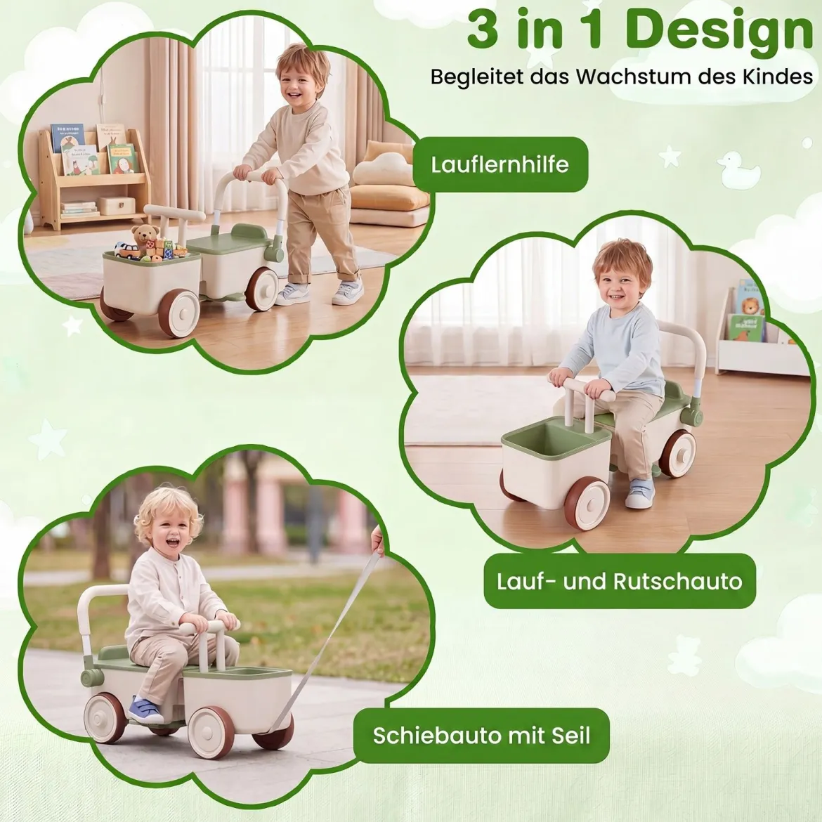 3 in 1 Kinderwagen mit Rollen Schiebe-Zieh-Lauflernwagen mit Stauraum & Klappbarem Griff