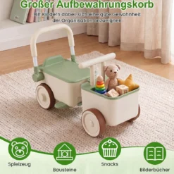 3 in 1 Kinderwagen mit Rollen Schiebe-Zieh-Lauflernwagen mit Stauraum & Klappbarem Griff
