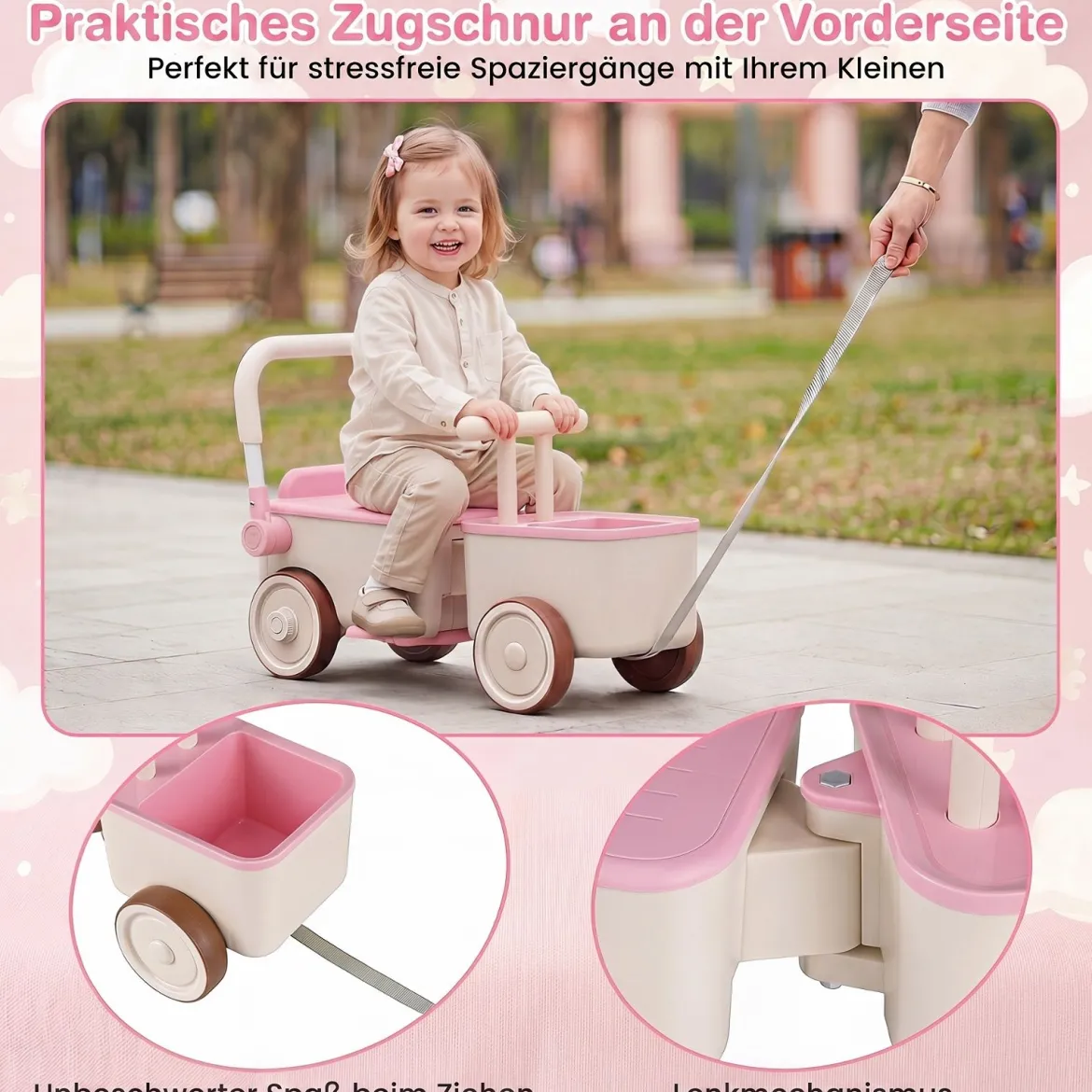 3 in 1 Kinderwagen mit Rollen Schiebe-Zieh-Lauflernwagen mit Stauraum & Klappbarem Griff