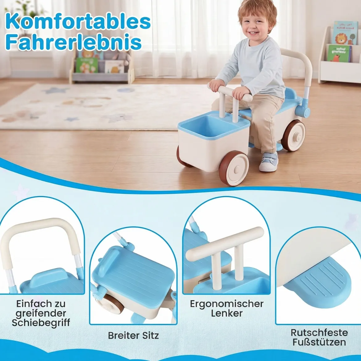 3 in 1 Kinderwagen mit Rollen Schiebe-Zieh-Lauflernwagen mit Stauraum & Klappbarem Griff