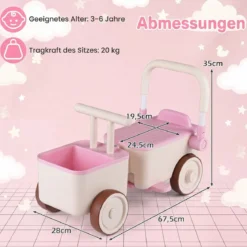 3 in 1 Kinderwagen mit Rollen Schiebe-Zieh-Lauflernwagen mit Stauraum & Klappbarem Griff