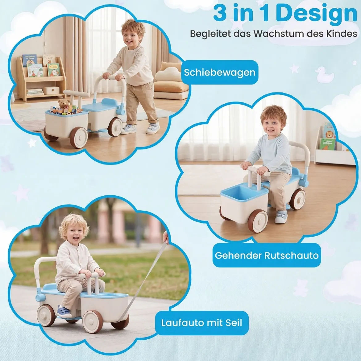 3 in 1 Kinderwagen mit Rollen Schiebe-Zieh-Lauflernwagen mit Stauraum & Klappbarem Griff