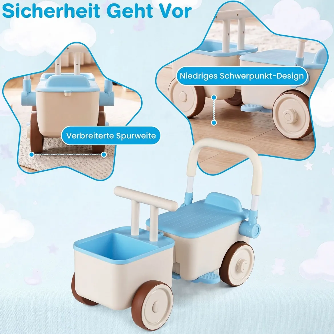 3 in 1 Kinderwagen mit Rollen Schiebe-Zieh-Lauflernwagen mit Stauraum & Klappbarem Griff