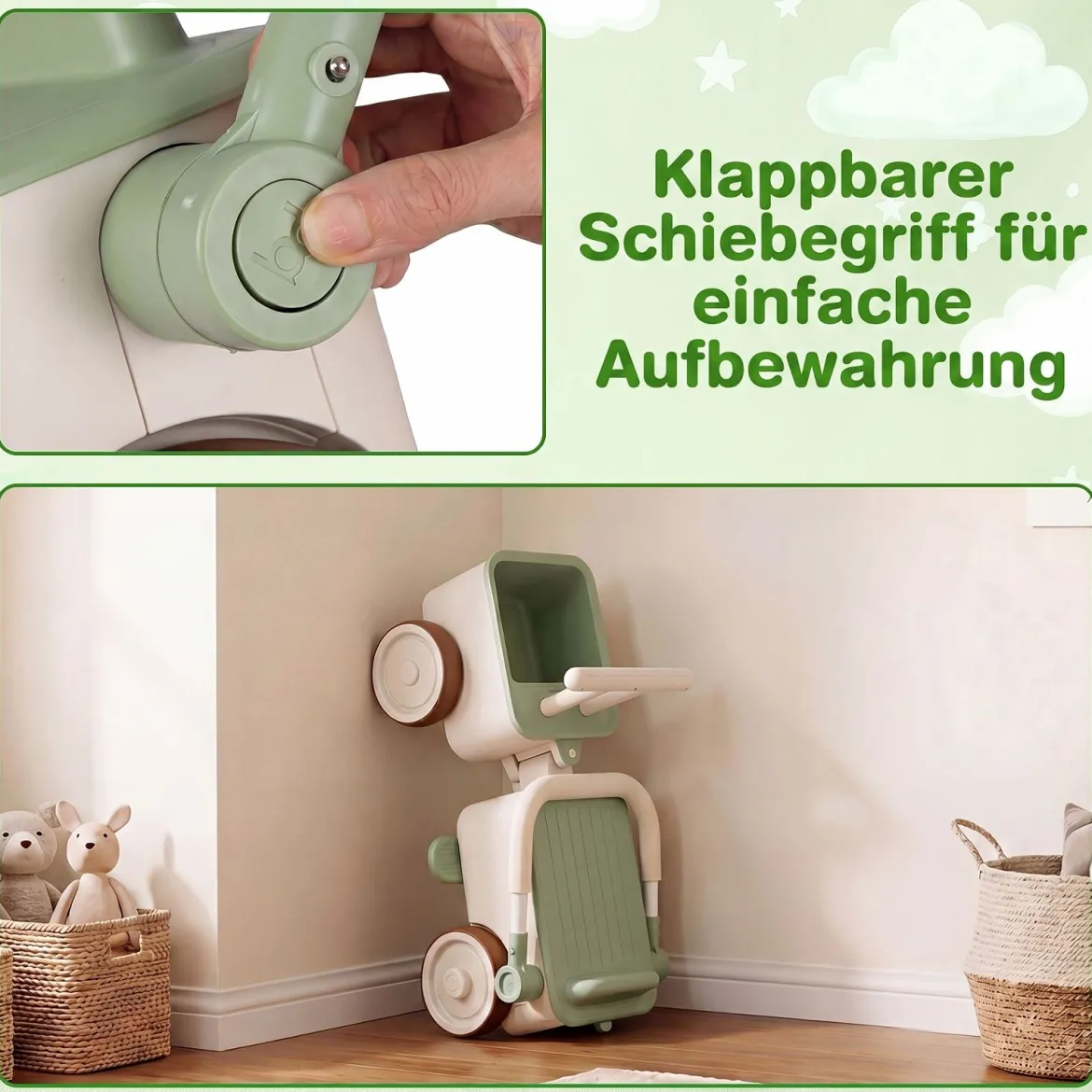3 in 1 Kinderwagen mit Rollen Schiebe-Zieh-Lauflernwagen mit Stauraum & Klappbarem Griff