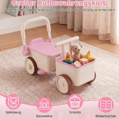 3 in 1 Kinderwagen mit Rollen Schiebe-Zieh-Lauflernwagen mit Stauraum & Klappbarem Griff