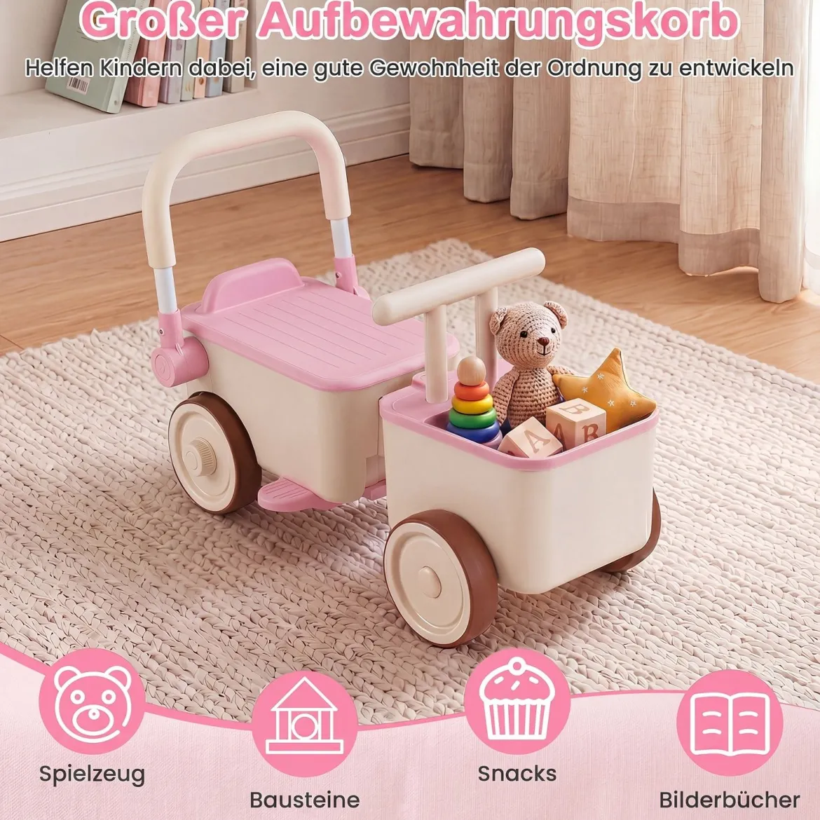 3 in 1 Kinderwagen mit Rollen Schiebe-Zieh-Lauflernwagen mit Stauraum & Klappbarem Griff