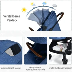 2 in 1 Kinderwagen mit verstellbarem Verdeck Klappbarer Kinderwagen 92 x 53,5 x 100 cm Blau