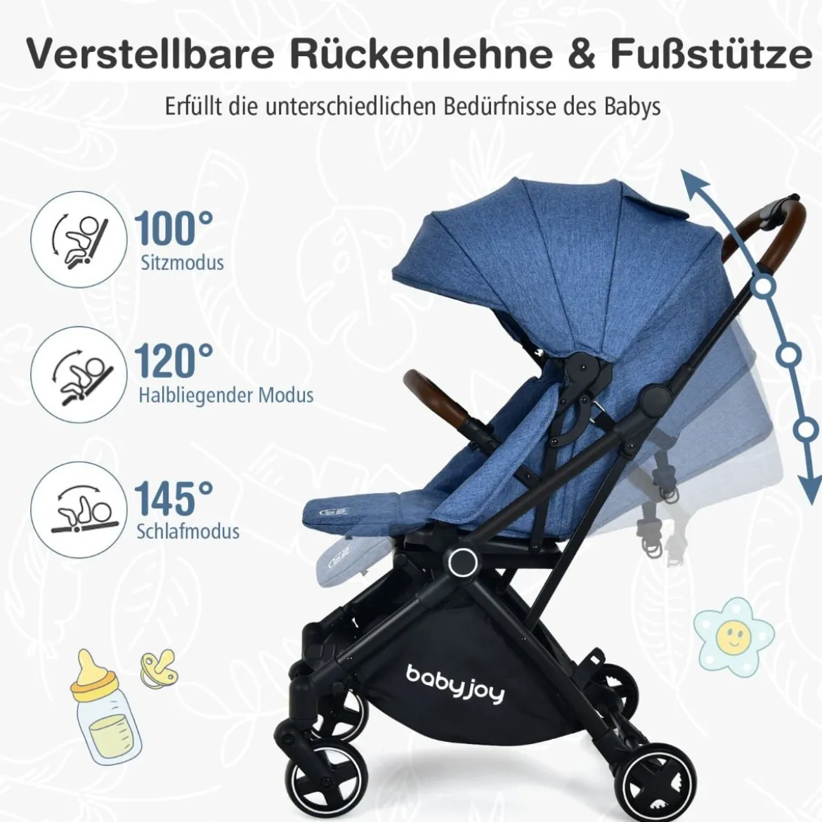 2 in 1 Kinderwagen mit verstellbarem Verdeck Klappbarer Kinderwagen 92 x 53,5 x 100 cm Blau
