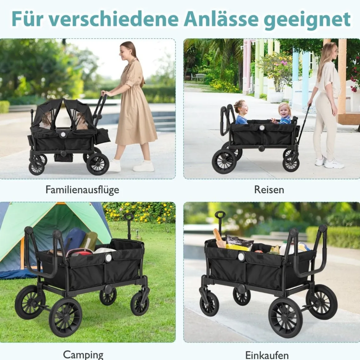 2 in 1 Klappbare Geschwisterwagen mit Verstellbarem Griff & Abnehmbarem Verdeck Schwarz