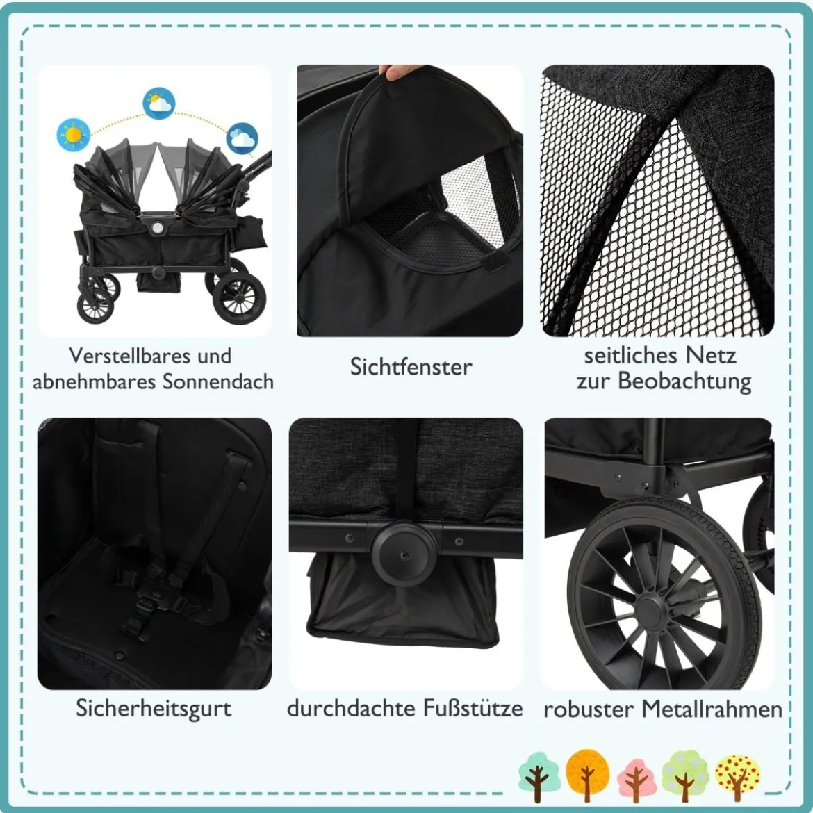 2 in 1 Klappbare Geschwisterwagen mit Verstellbarem Griff & Abnehmbarem Verdeck Schwarz