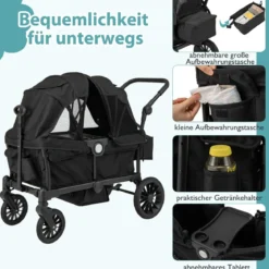 2 in 1 Klappbare Geschwisterwagen mit Verstellbarem Griff & Abnehmbarem Verdeck Schwarz