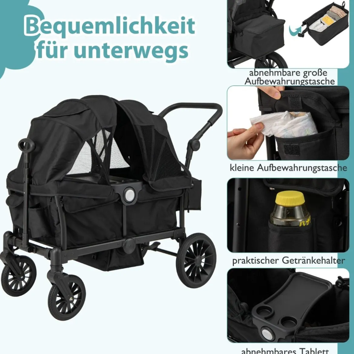 2 in 1 Klappbare Geschwisterwagen mit Verstellbarem Griff & Abnehmbarem Verdeck Schwarz