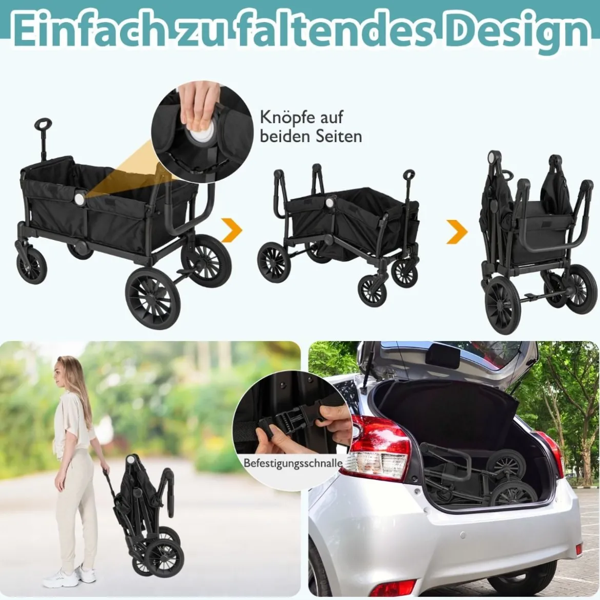 2 in 1 Klappbare Geschwisterwagen mit Verstellbarem Griff & Abnehmbarem Verdeck Schwarz