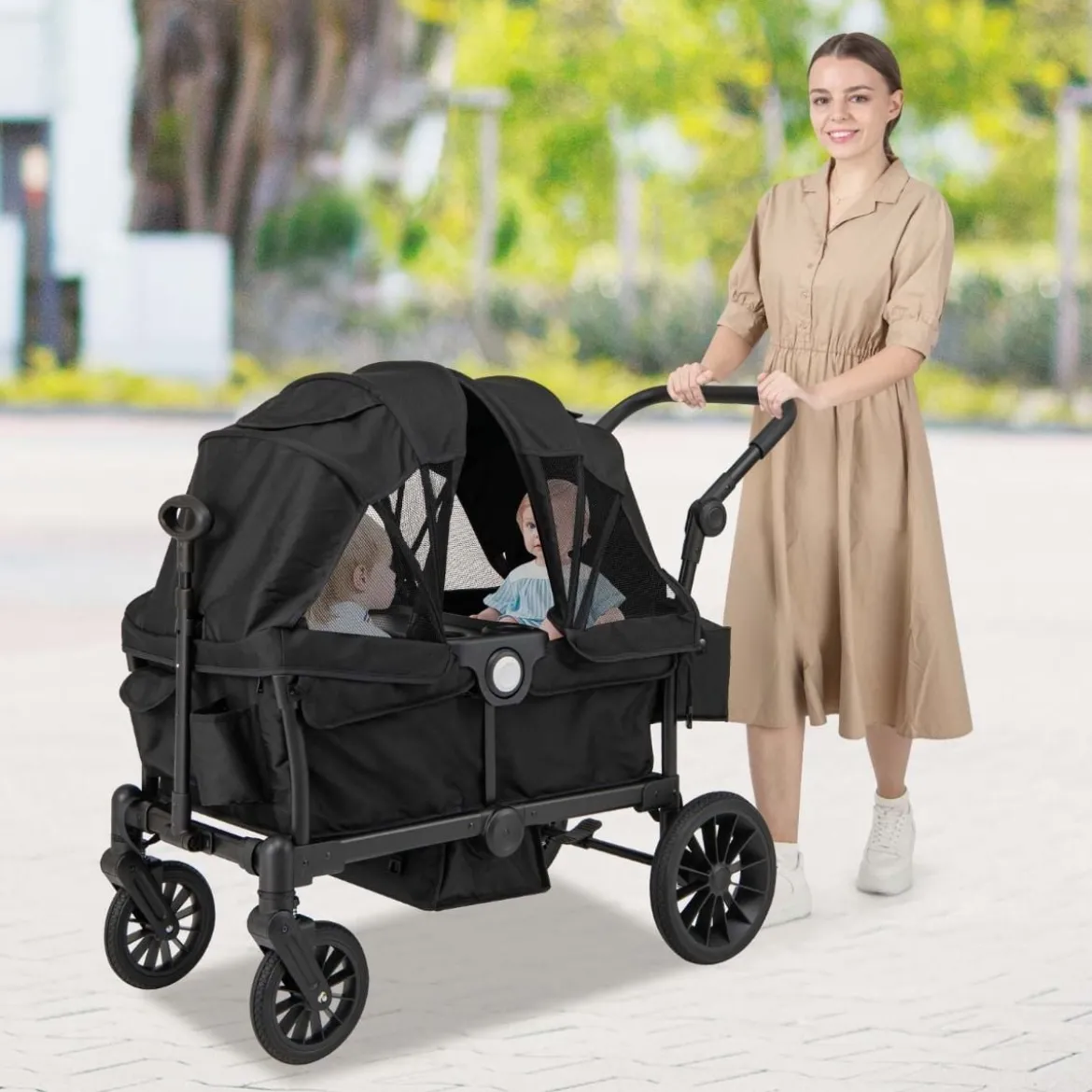 2 in 1 Klappbare Geschwisterwagen mit Verstellbarem Griff & Abnehmbarem Verdeck Schwarz