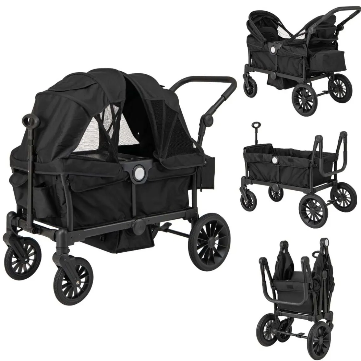 2 in 1 Klappbare Geschwisterwagen mit Verstellbarem Griff & Abnehmbarem Verdeck Schwarz