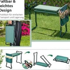 2 in 1 Klappbare Kniebank für Gartenarbeit mit EVE-Polster & 1 Werkzeugtasche Gartenhocker Grün