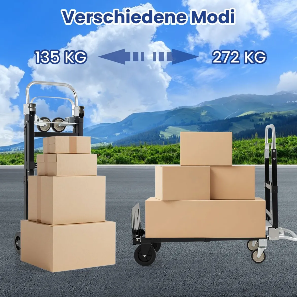 3-in-1 klappbarer Handwagen Schwerlast-Faltkarre mit ausziehbarem Griff & verstellbarer Länge tragbarer Transportwagen Schwarz