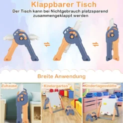 6 in 1 Klappbarer Kindertisch mit Stuhl & Staffelei Spieltisch mit Doppelseitiger & Abnehmbarer Tischplatte