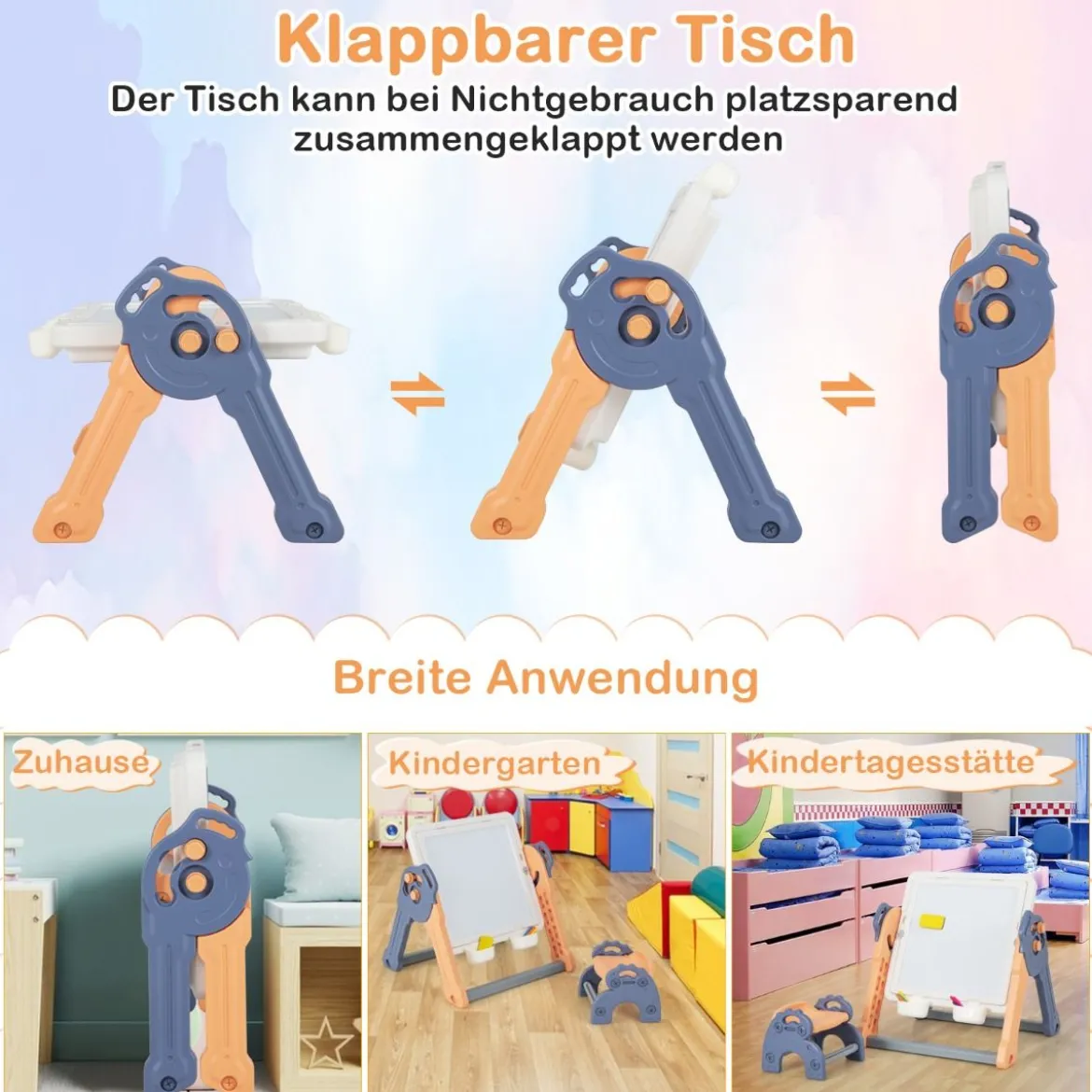 6 in 1 Klappbarer Kindertisch mit Stuhl & Staffelei Spieltisch mit Doppelseitiger & Abnehmbarer Tischplatte