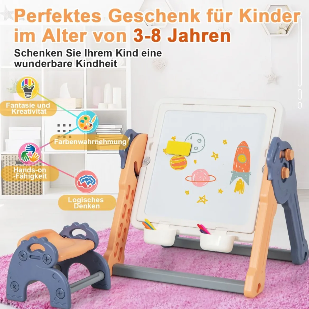 6 in 1 Klappbarer Kindertisch mit Stuhl & Staffelei Spieltisch mit Doppelseitiger & Abnehmbarer Tischplatte