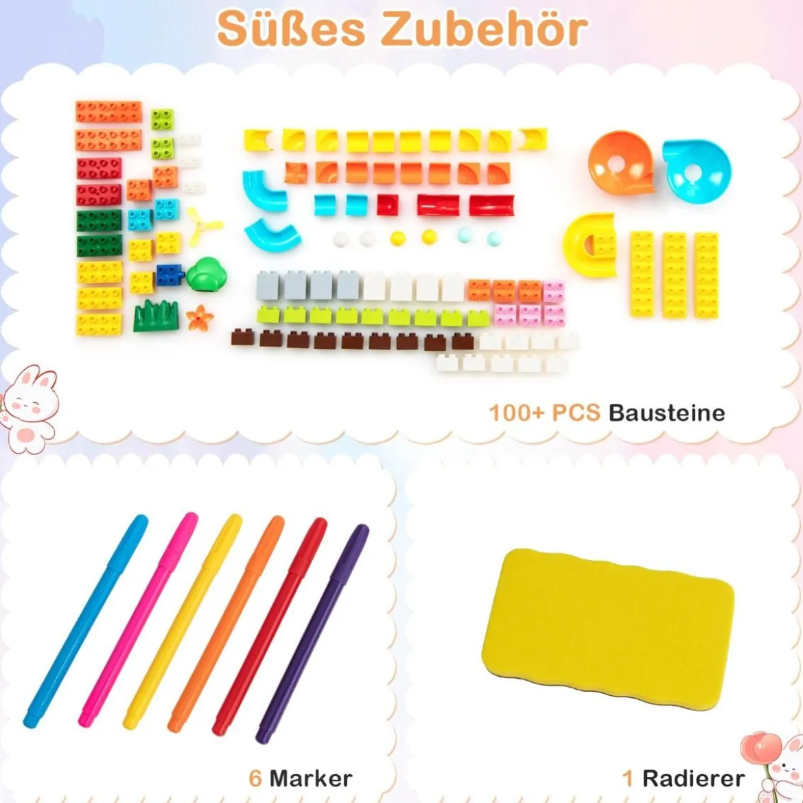 6 in 1 Klappbarer Kindertisch mit Stuhl & Staffelei Spieltisch mit Doppelseitiger & Abnehmbarer Tischplatte
