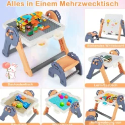 6 in 1 Klappbarer Kindertisch mit Stuhl & Staffelei Spieltisch mit Doppelseitiger & Abnehmbarer Tischplatte