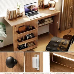 2 in 1 Klappbarer Nähtisch mit Ladestation & Regalen Nähmaschinenschrank Nähschrank Natur