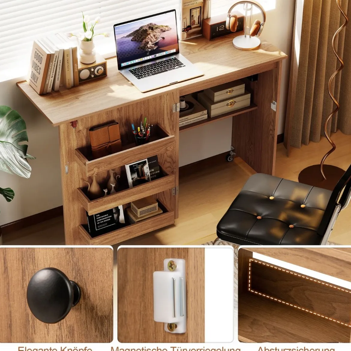 2 in 1 Klappbarer Nähtisch mit Ladestation & Regalen Nähmaschinenschrank Nähschrank Natur