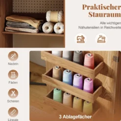 2 in 1 Klappbarer Nähtisch mit Ladestation & Regalen Nähmaschinenschrank Nähschrank Natur