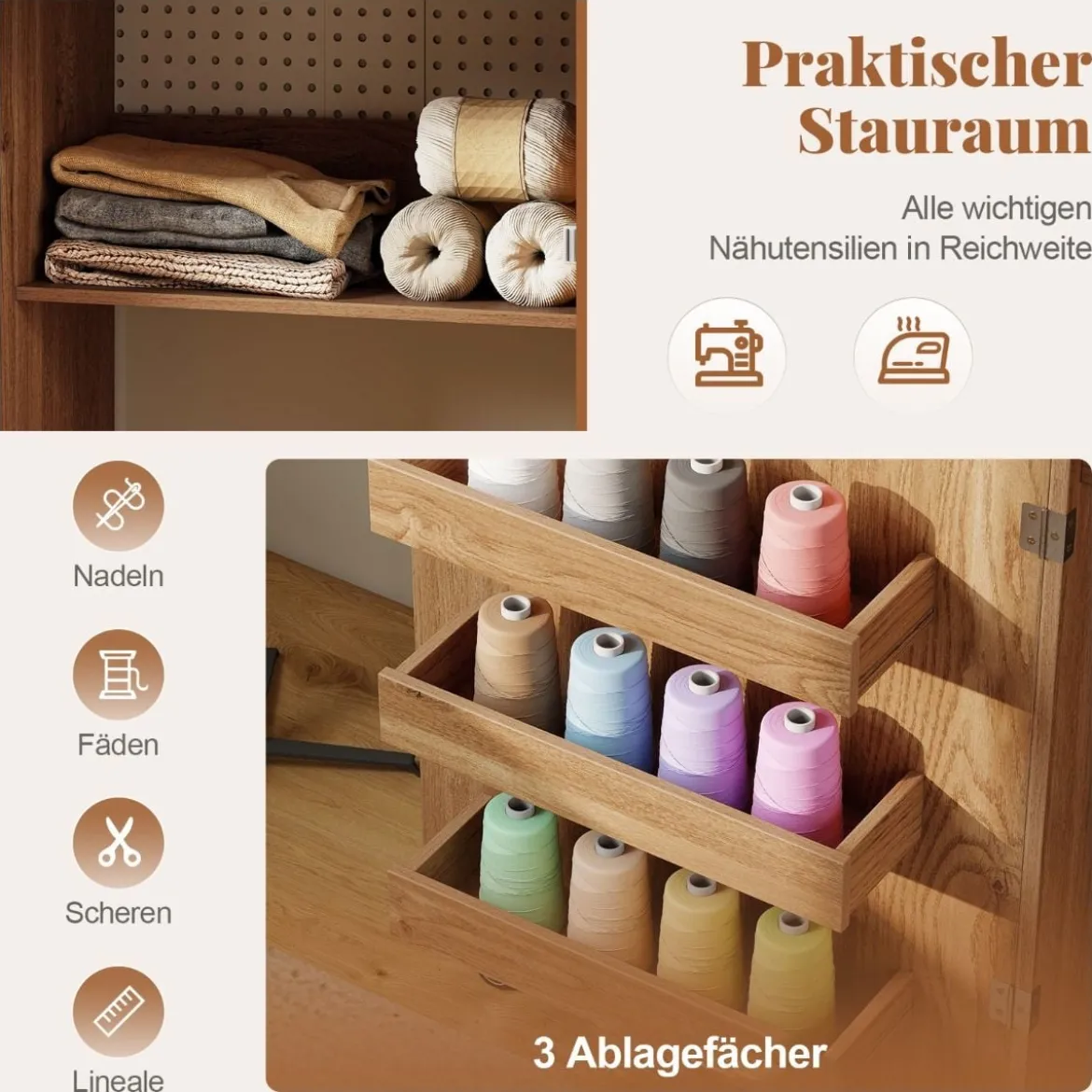 2 in 1 Klappbarer Nähtisch mit Ladestation & Regalen Nähmaschinenschrank Nähschrank Natur