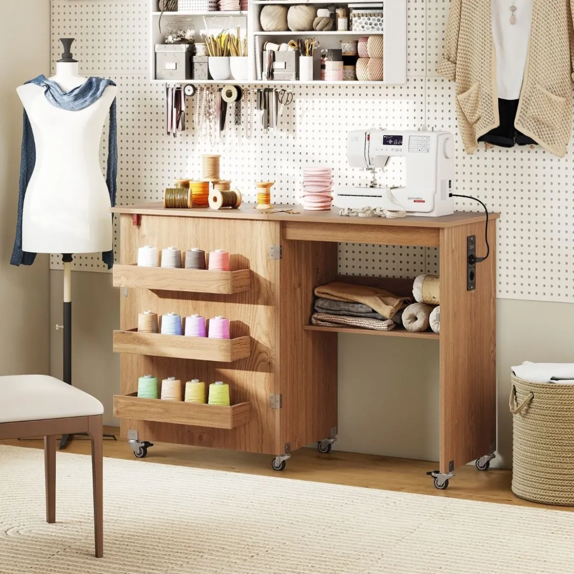 2 in 1 Klappbarer Nähtisch mit Ladestation & Regalen Nähmaschinenschrank Nähschrank Natur