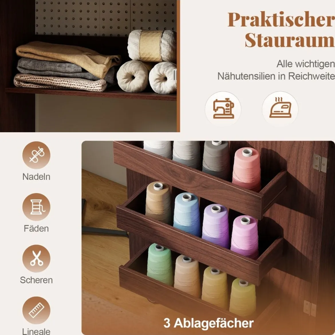 2 in 1 Klappbarer Nähtisch mit Ladestation & Regalen Nähmaschinenschrank Nähschrank Kaffee