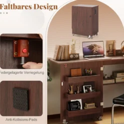 2 in 1 Klappbarer Nähtisch mit Ladestation & Regalen Nähmaschinenschrank Nähschrank Kaffee