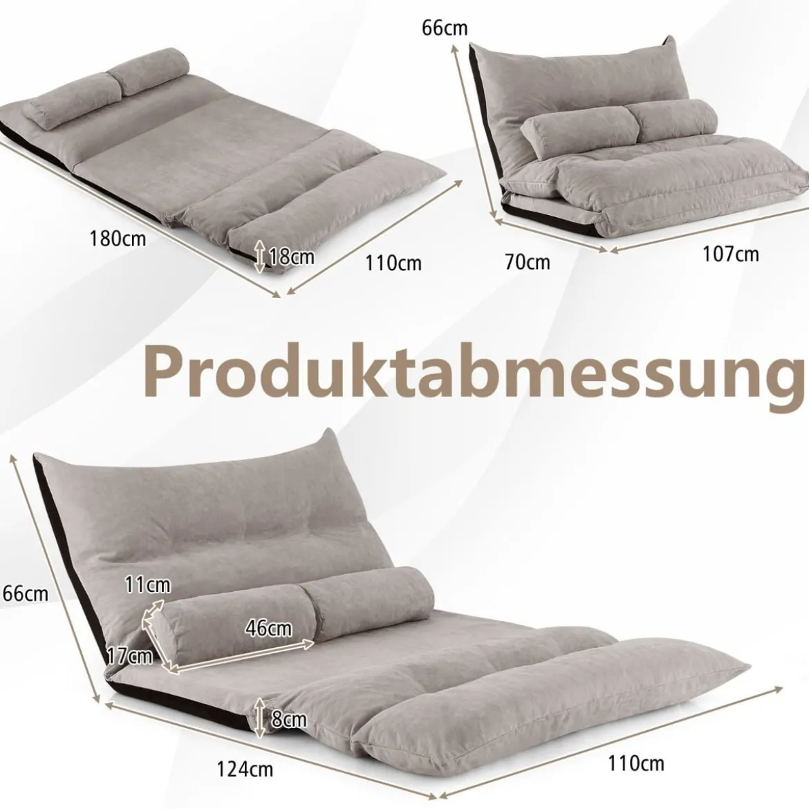 3 in 1 Klappbares Bodensofa mit Schlaffunktion & Verstellbarer Rückenlehne Grau