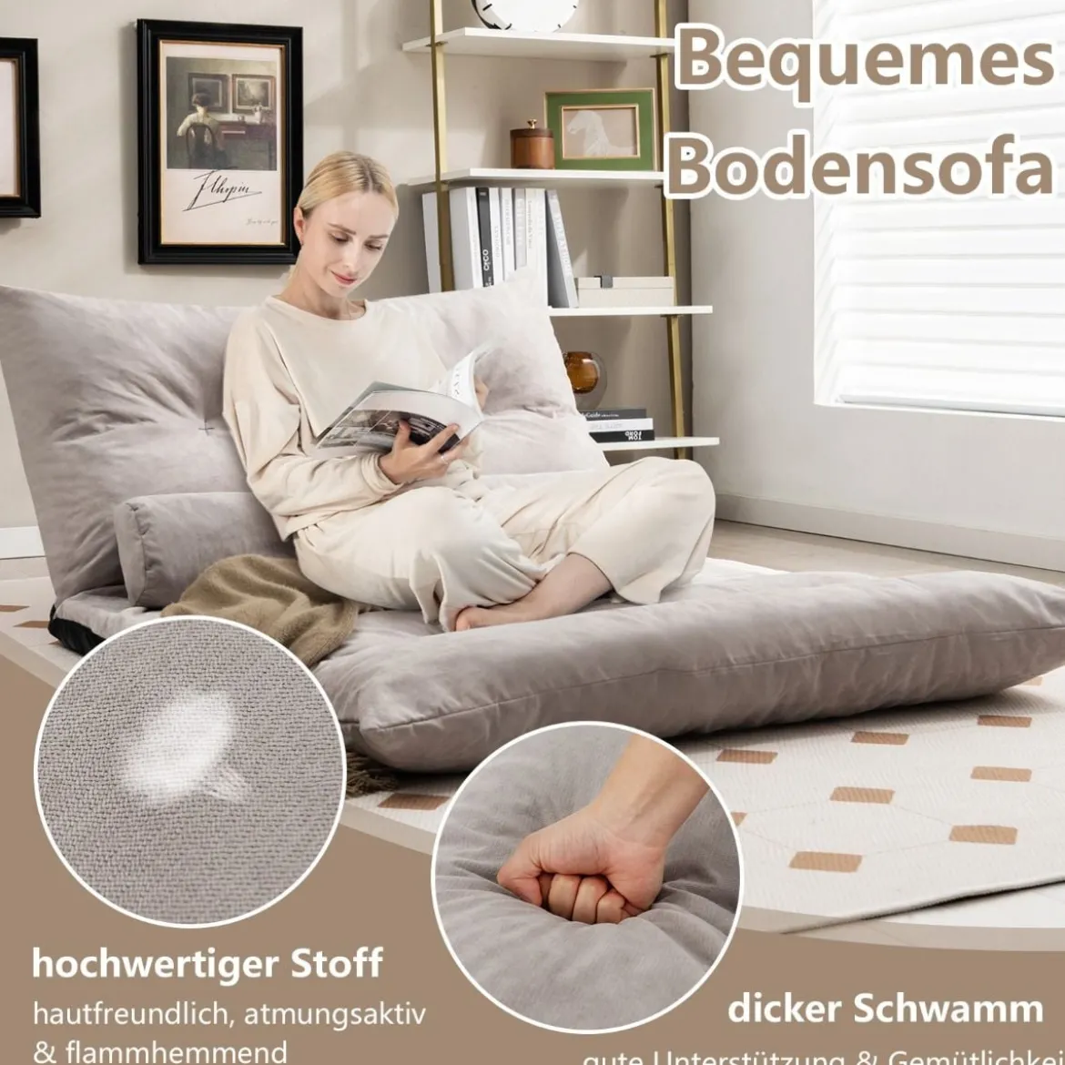 3 in 1 Klappbares Bodensofa mit Schlaffunktion & Verstellbarer Rückenlehne Grau