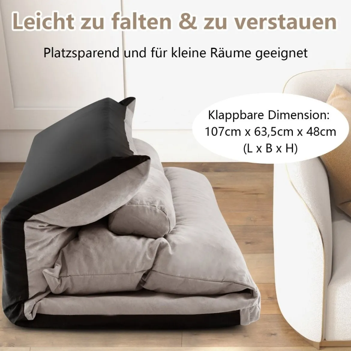 3 in 1 Klappbares Bodensofa mit Schlaffunktion & Verstellbarer Rückenlehne Grau