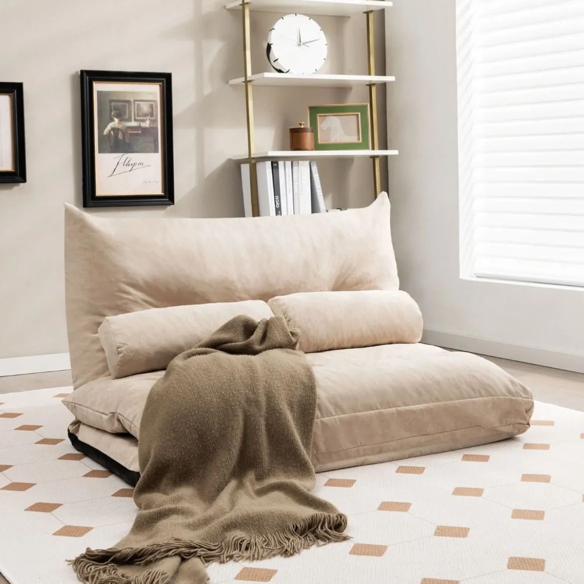 3 in 1 Klappbares Bodensofa mit Schlaffunktion & Verstellbarer Rückenlehne Beige