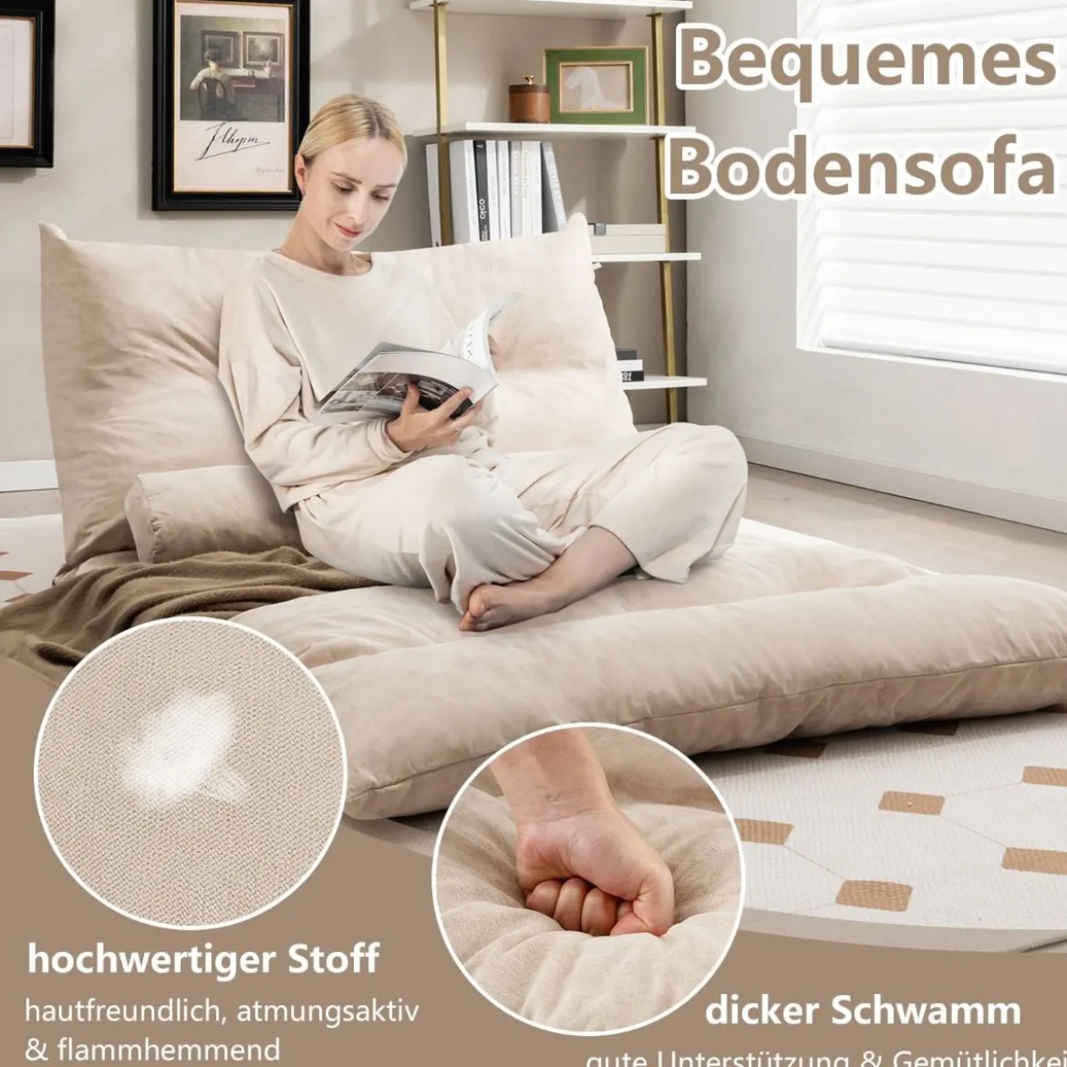 3 in 1 Klappbares Bodensofa mit Schlaffunktion & Verstellbarer Rückenlehne Beige