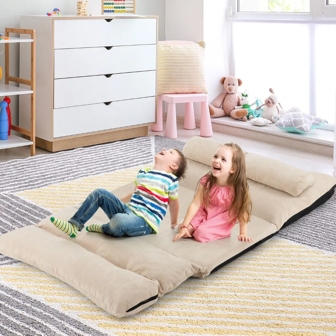 3 in 1 Klappbares Bodensofa mit Schlaffunktion & Verstellbarer Rückenlehne Beige