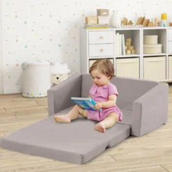 2 in 1 Klappbares Kindersofa mit Samtstoff Gepolsterter Kindersessel 77 x 43 x 40 cm Dunkelgrau