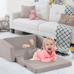 2 in 1 Klappbares Kindersofa mit Samtstoff Gepolsterter Kindersessel 77 x 43 x 40 cm Dunkelgrau